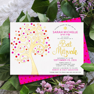 Invitación Con Relieve Metalizado Bat Mitzvah Árbol de la Vida en guión de oro real