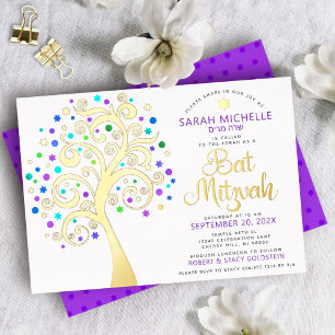 Invitación Con Relieve Metalizado Bat Mitzvah Árbol de la Vida Púrpura con Letra de