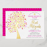 Invitación Con Relieve Metalizado Bat Mitzvah Árbol rosa de la vida Script Real Gold<br><div class="desc">¡Estén orgullosos, regocijaos y exhiban este hito de su Bat Mitzvah favorito! Este gráfico árbol de Relieve metalizado dorado real con brillantes rosas, naranjas y rojas Estrella de David y "hojas" de punto en un fondo blanco es la invitación perfecta para esta ocasión especial. Un diminuto y oscuro patrón de...</div>