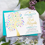 Invitación Con Relieve Metalizado Bat Mitzvah Árbol turquesa con guión de oro real<br><div class="desc">¡Estén orgullosos, regocijaos y exhiban este hito de su Bat Mitzvah favorito! Este gráfico árbol de Relieve metalizado dorado real con estrella de David brillante, turquesa, verde azulada, morada y azul y "hojas" de punto en un fondo blanco es la invitación perfecta para esta ocasión especial. En la parte trasera...</div>