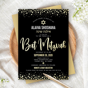 Invitación Con Relieve Metalizado Bat Mitzvah Black Elegant Script moderno Real Gold