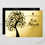 Invitación Con Relieve Metalizado Bat Mitzvah Black Tree of Life Script Real Gold<br><div class="desc">¡Estén orgullosos, regocijaos y exhiban este hito de su Bat Mitzvah favorito! Este gráfico, árbol negro de la vida con brillante Estrella de David y "hojas" de punto con escritura de caligrafía negra en un sofisticado y real fondo de Relieve metalizado dorado, es la invitación perfecta para esta ocasión especial....</div>