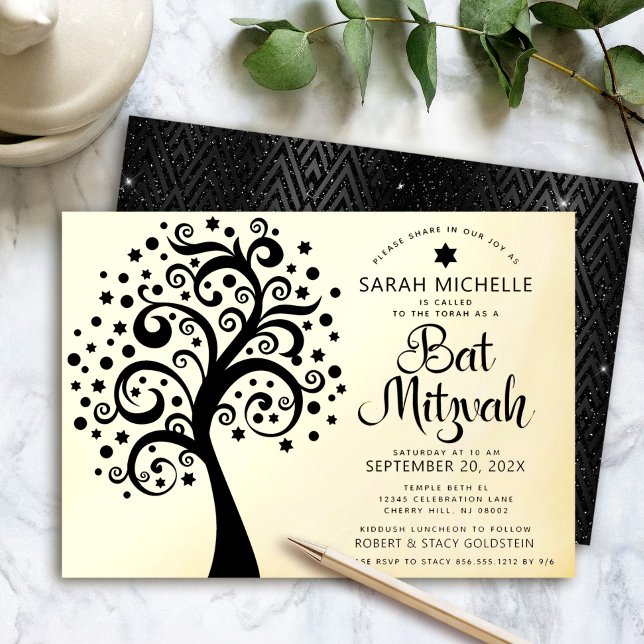 Invitación Con Relieve Metalizado Bat Mitzvah Black Tree of Life Script Real Gold (Subido por el creador)
