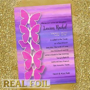 Invitación Con Relieve Metalizado Bat Mitzvah Butterfly color de agua morado rosado