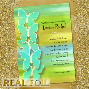 Invitación Con Relieve Metalizado Bat Mitzvah Butterfly Watercolor azul verde amaril
