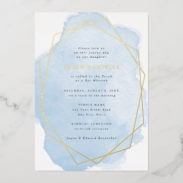 Invitación Con Relieve Metalizado Bat Mitzvah de color azul de marco de Relieve meta (Anverso)