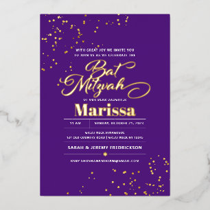 Invitación Con Relieve Metalizado Bat Mitzvah Elegant Script REAL GOLD