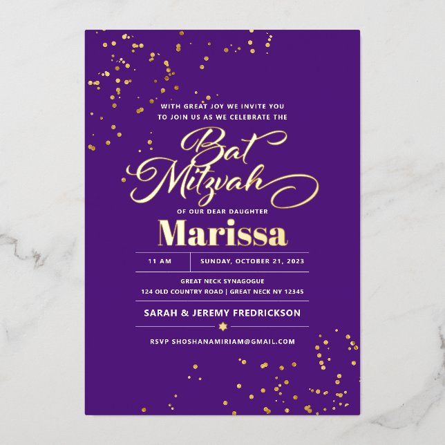 Invitación Con Relieve Metalizado Bat Mitzvah Elegant Script REAL GOLD (Anverso)