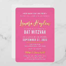 Invitación Con Relieve Metalizado BAT MITZVAH escritura moderna bonito de oro rosa