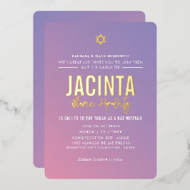Invitación Con Relieve Metalizado BAT MITZVAH estrella moderna gradiente morado rosa