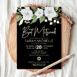 Invitación Con Relieve Metalizado Bat Mitzvah Floral Watercolor Negro Real Gold<br><div class="desc">Estar orgulloso, regocijarse y mostrar este hito de su Bat Mitzvah favorito con esta sofisticada y personalizada invitación! Una moda, impresionante, blanca y real Relieve metalizado dorado floral acuarela, real escritura manuscrita de Relieve metalizado dorado y sans blancos serif tipografía, superponen un dramático fondo negro. acuarela blanca y flores de...</div>
