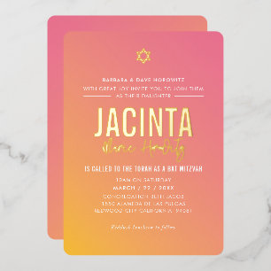 Invitación Con Relieve Metalizado BAT MITZVAH gradiente amarillo rosa estrella moder