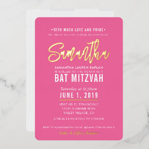 Invitación Con Relieve Metalizado BAT MITZVAH guión moderno rosa bonito dorado