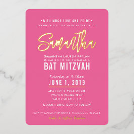 Invitación Con Relieve Metalizado BAT MITZVAH guión moderno rosa bonito dorado