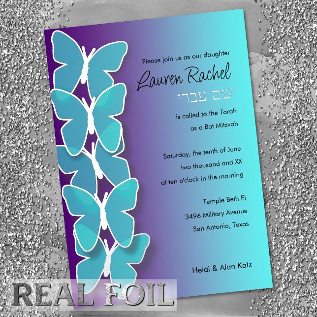 Invitación Con Relieve Metalizado Bat Mitzvah Mariposa Dimensional Turquesa Púrpura (Subido por el creador)