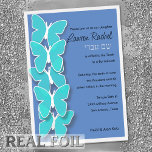 Invitación Con Relieve Metalizado Bat Mitzvah Mariposa turquesa y cualquier color<br><div class="desc">Bat Mitzvah Mariposa Turquesa Púrpura Acuarela. Bat Mitzvah diseños de Umua. Impreso y enviado por Zazzle o su socio.</div>