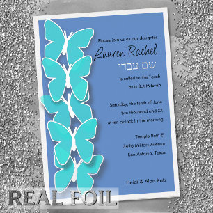 Invitación Con Relieve Metalizado Bat Mitzvah Mariposa turquesa y cualquier color
