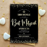 Invitación Con Relieve Metalizado Bat Mitzvah Moderno guión negrita Black Real Gold<br><div class="desc">¡Estén orgullosos, regocijaos y exhiban este hito de su Bat Mitzvah favorito! Envíe esta impresionante, moderna, sofisticada y personalizada invitación para un evento que recordar. El guión gráfico de la caligrafía del Relieve metalizado oro real, el tipo negrita, la estrella de David y el confeti superponen un rico, dramático y...</div>