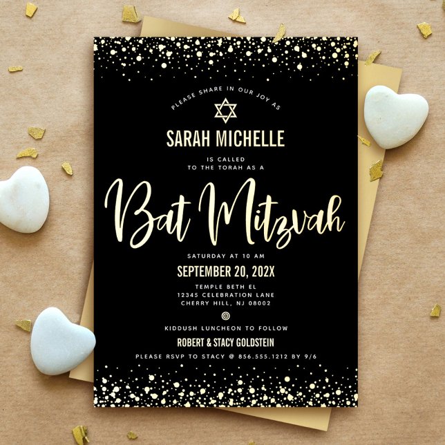 Invitación Con Relieve Metalizado Bat Mitzvah Moderno guión negrita Black Real Gold (Subido por el creador)