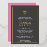 Invitación Con Relieve Metalizado BAT MITZVAH moderno minimalista borde rosa<br><div class="desc">por kat massard Invitación moderna con "Relieve metalizado dorado brillante" para la celebración MITZVAH de su hijo. Fácil actualización de la plantilla usted mismo Envíame un correo electrónico para encontrar elementos coincidentes y combinaciones de colores alternativas - kat@simplysweetpaperie.com</div>