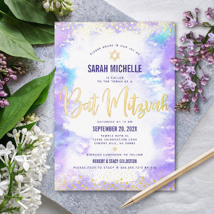 Invitación Con Relieve Metalizado Bat Mitzvah moderno púrpura acuarela oro real 