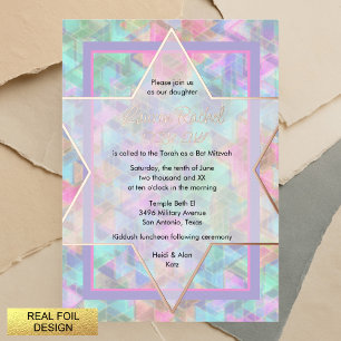 Invitación Con Relieve Metalizado Bat Mitzvah Morado y Rosa Patrón de Estrella de Da
