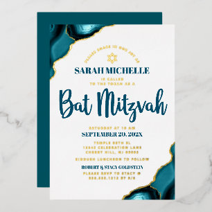 Invitación Con Relieve Metalizado Bat Mitzvah Negrita Turquesa Agitación Script Real
