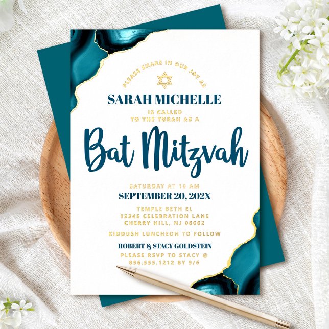 Invitación Con Relieve Metalizado Bat Mitzvah Negrita Turquesa Agitación Script Real (Subido por el creador)