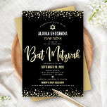 Invitación Con Relieve Metalizado Bat Mitzvah Negro Elegante Moderno Letra Dorada Re<br><div class="desc">¡Siéntete orgulloso, regocíjate y muestra este hito de tu Bat Mitzvah favorita! Envía esta impresionante, moderna y sofisticada invitación con el nombre hebreo personalizado para un evento inolvidable. Un gráfico con caligrafía de lámina de oro real, Estrella de David y puntos de confeti superpuestos sobre un fondo negro rico y...</div>
