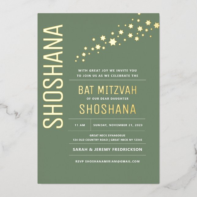 Invitación Con Relieve Metalizado Bat Mitzvah ORO REAL elegante moderno (Anverso)