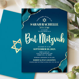 Invitación Con Relieve Metalizado Bat Mitzvah Script Turquoise Ombre Agate Real Gold