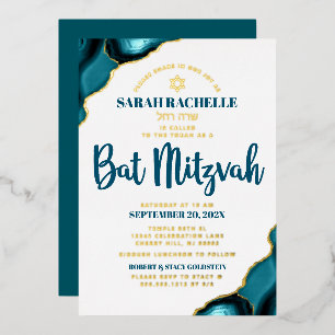Invitación Con Relieve Metalizado Bat Mitzvah Turquesa Ágata Escritura Negrita Oro R