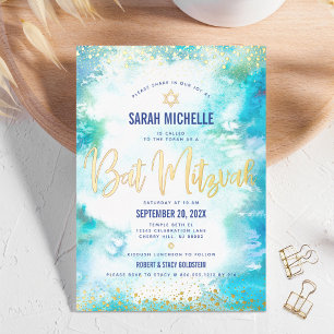 Invitación Con Relieve Metalizado Bat Mitzvah turquesa moderno acuarela oro real 