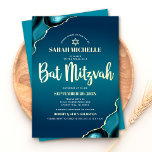 Invitación Con Relieve Metalizado Bat Mitzvah Turquoise Ombre Agate Script Real Gold<br><div class="desc">¡Estén orgullosos, regocijaos y exhiban este hito de su Bat Mitzvah favorito! Envíe esta invitación fresca, única, moderna y personalizada para un evento que recordar. La tipografía de la escritura del Relieve metalizado de oro real, la tipografía sans serif blanca y un Relieve metalizado de oro de verdad Star of...</div>