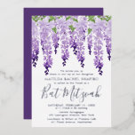 Invitación Con Relieve Metalizado Bat Mitzvah Watercolor Wisteria logotipo corporati<br><div class="desc">Bat Mitzvah Watercolor Wisteria Corporate Logo Invitation incluye elegantes flores de glicinia de color agua en lavanda suave y morado con hojas verdes sobre un fondo blanco con tu invitación a Bat Mitzvah abajo en la tipografía de Relieve metalizado plateado. Personalice editando el texto en los cuadros de texto proporcionados....</div>