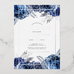 Invitación Con Relieve Metalizado Batalla floral de plata y marina Mitzvah