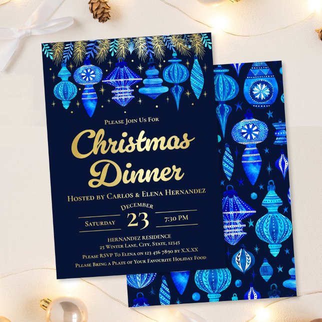Invitación Con Relieve Metalizado Baubles Navidades Cena Marina acuarela Azul (Baubles Christmas Dinner Watercolor Navy Blue Foil Invitation)