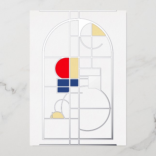 Invitación Con Relieve Metalizado Bauhaus moderno, en blanco, plateado, (Anverso)