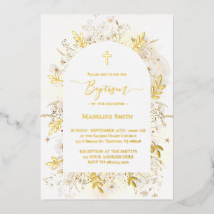 Invitación Con Relieve Metalizado Bautismo acuarela flores blancas amarillas
