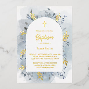 Invitación Con Relieve Metalizado Bautismo azul polvoriento acuarela 