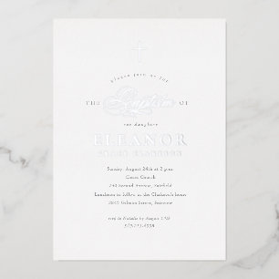 Invitación Con Relieve Metalizado Bautismo Caligrafía Cruz Dorada Elegante Plata