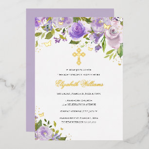 Invitación Con Relieve Metalizado Bautismo Chica floral de mariposa de oro morado