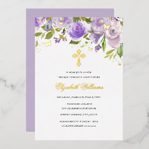 Invitación Con Relieve Metalizado Bautismo Chica floral de mariposa de oro morado