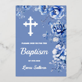 Invitación Con Relieve Metalizado Bautismo con flores azules