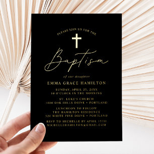Invitación Con Relieve Metalizado Bautismo con guión dorado y negro minimalista mode