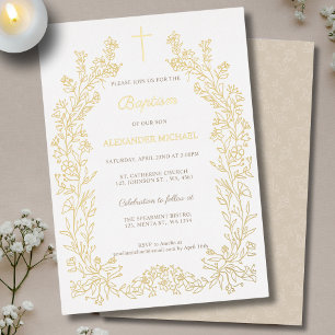 Invitación Con Relieve Metalizado Bautismo Cristiano Floral Vintage Moderno