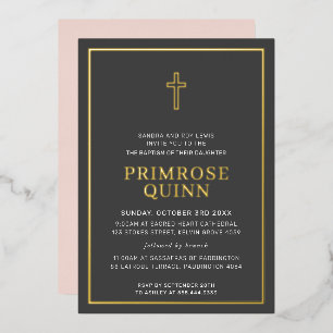 Invitación Con Relieve Metalizado BAUTISMO cruz moderna minimalista fronteriza rosa