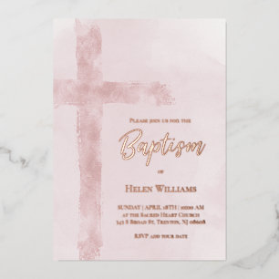 Invitación Con Relieve Metalizado bautismo cruz rosa acuarela