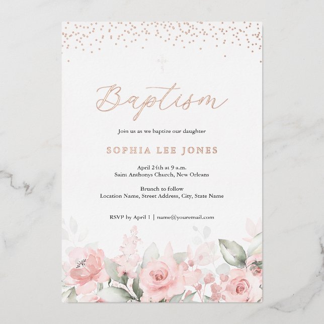 Invitación Con Relieve Metalizado Bautismo de acuarela floral rosa de Rubor (Anverso)
