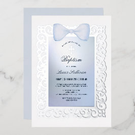 Invitación Con Relieve Metalizado Bautismo de armazón azul vintage